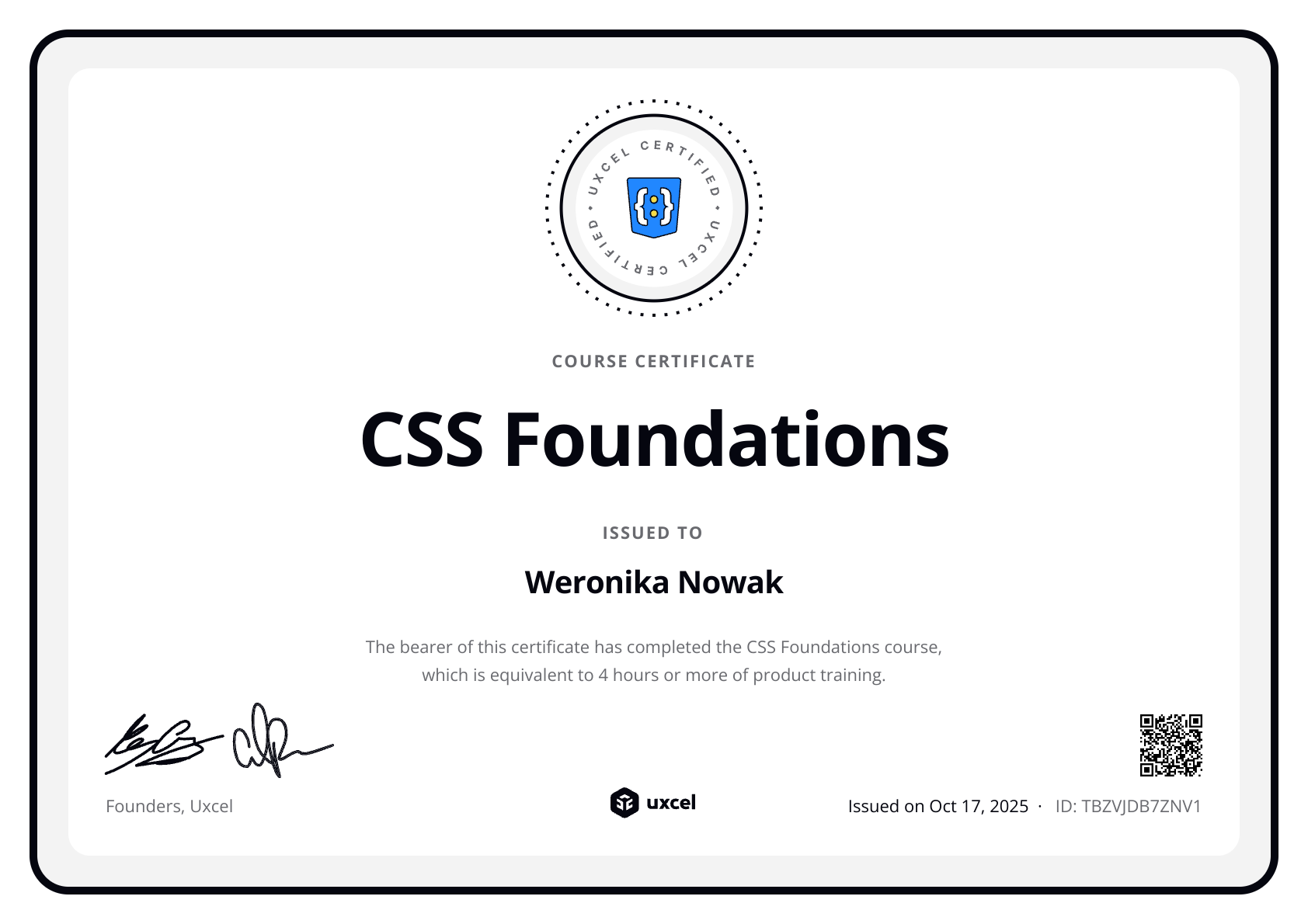 Weronika Nowak's certificate